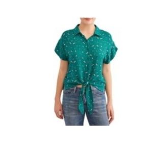 Floral Printed Tie Front Roll Tab Sleeve Blouse